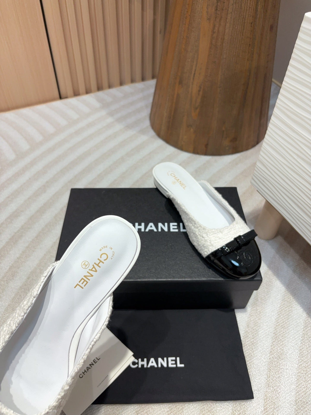 cc mule white tweed black patent calfskin