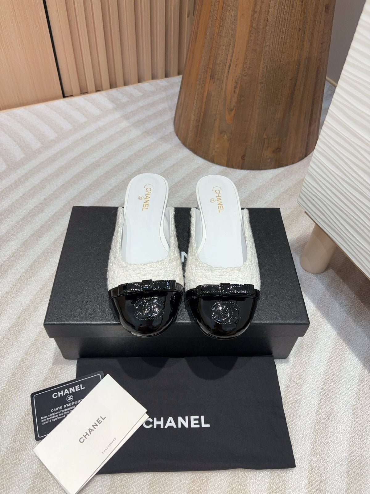 cc mule white tweed black patent calfskin