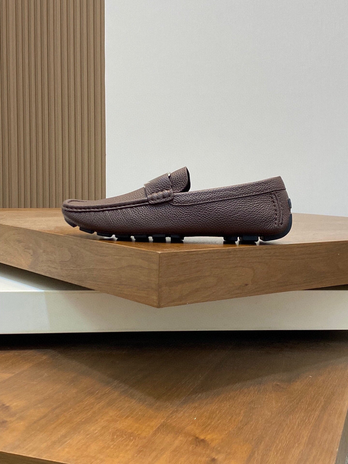 LV LOAFER IN CHOCOLATE BROWN WRINKLE CALFSKIN WITH SILVER LOGO