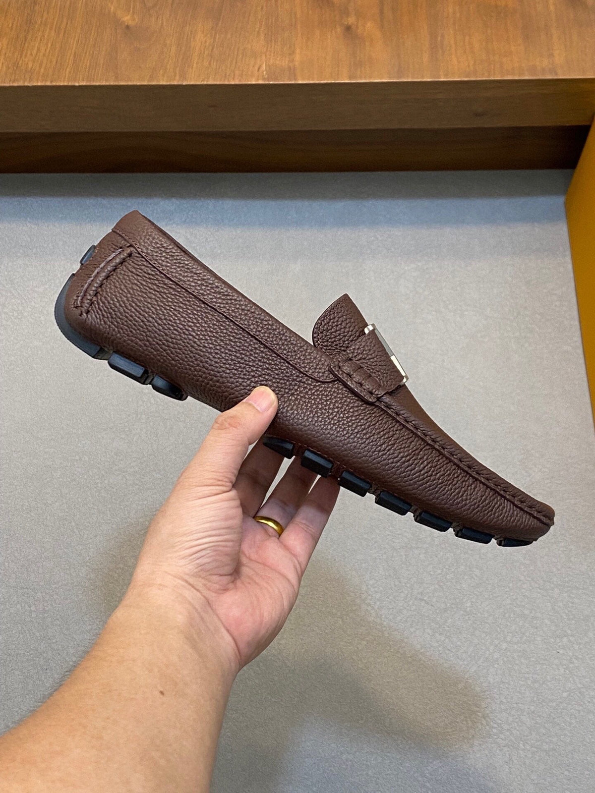 LV LOAFER IN CHOCOLATE BROWN WRINKLE CALFSKIN WITH SILVER LOGO