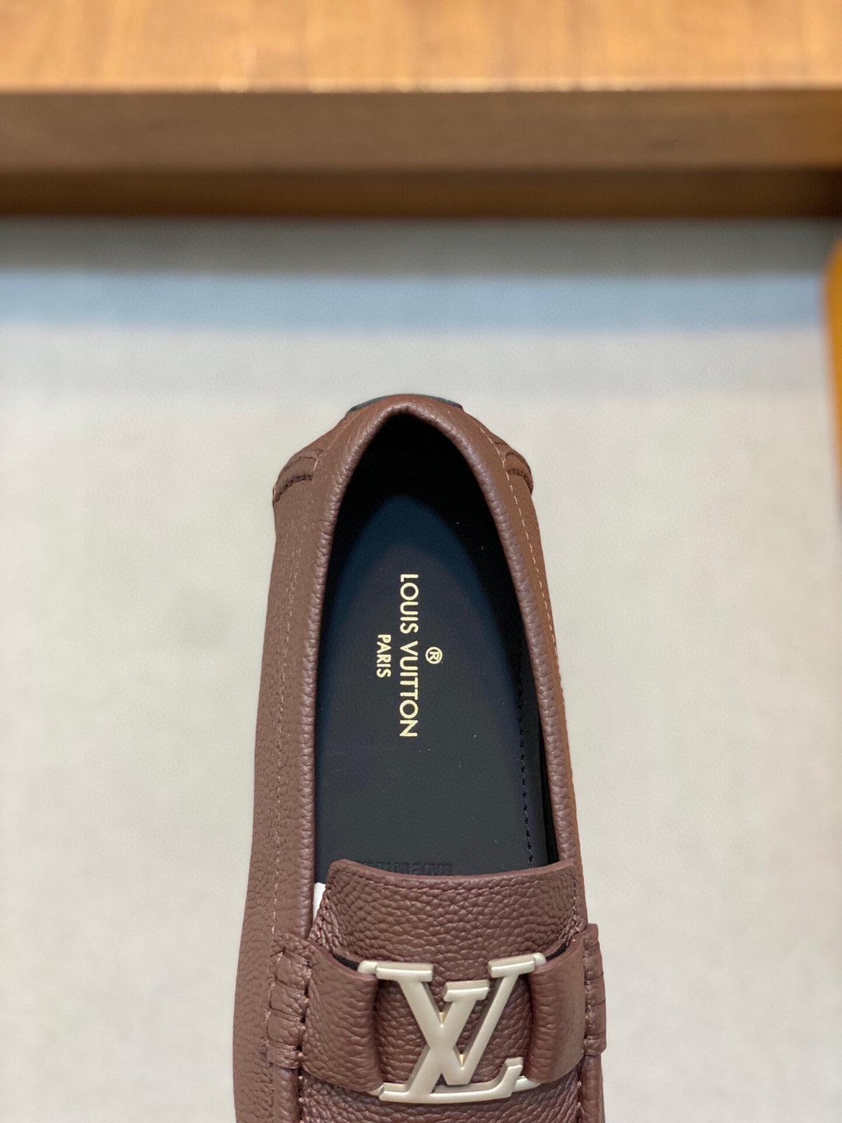 LV LOAFER IN CHOCOLATE BROWN WRINKLE CALFSKIN WITH SILVER LOGO