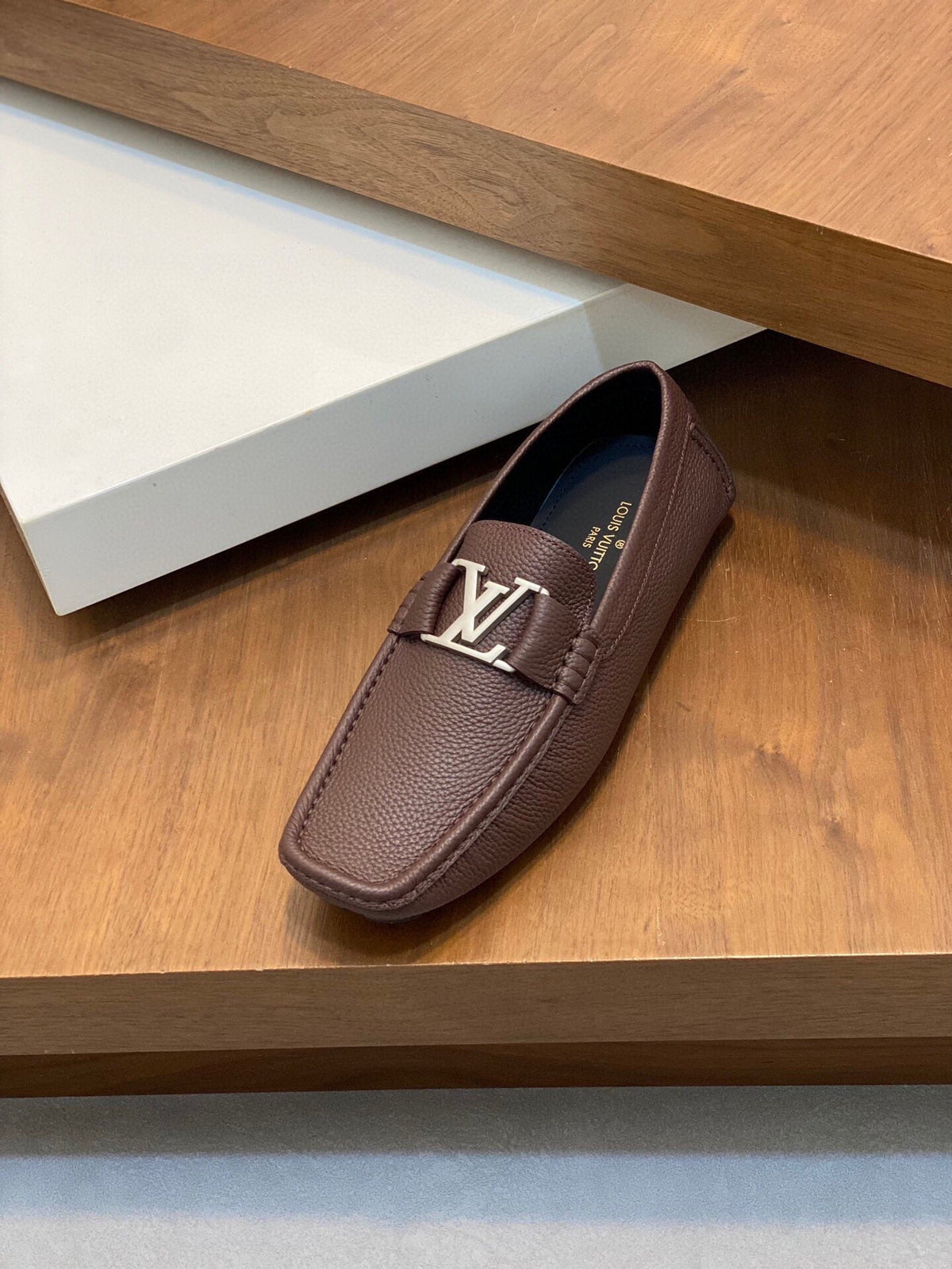 LV LOAFER IN CHOCOLATE BROWN WRINKLE CALFSKIN WITH SILVER LOGO
