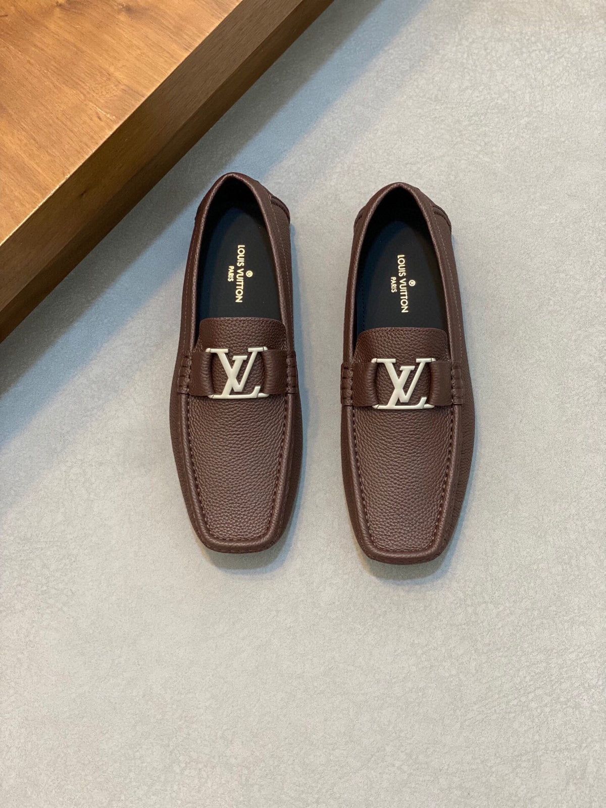 LV LOAFER IN CHOCOLATE BROWN WRINKLE CALFSKIN WITH SILVER LOGO