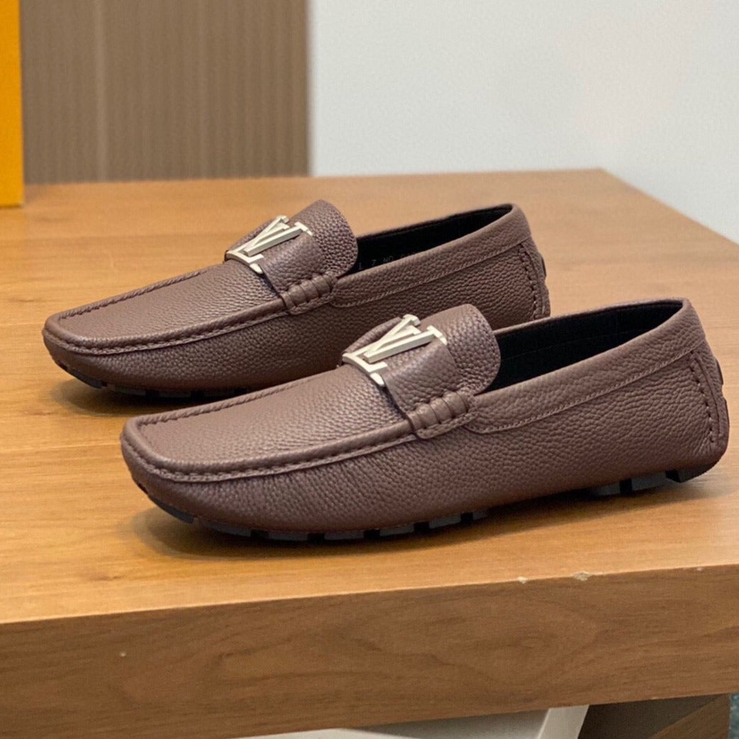 LV LOAFER IN CHOCOLATE BROWN WRINKLE CALFSKIN WITH SILVER LOGO