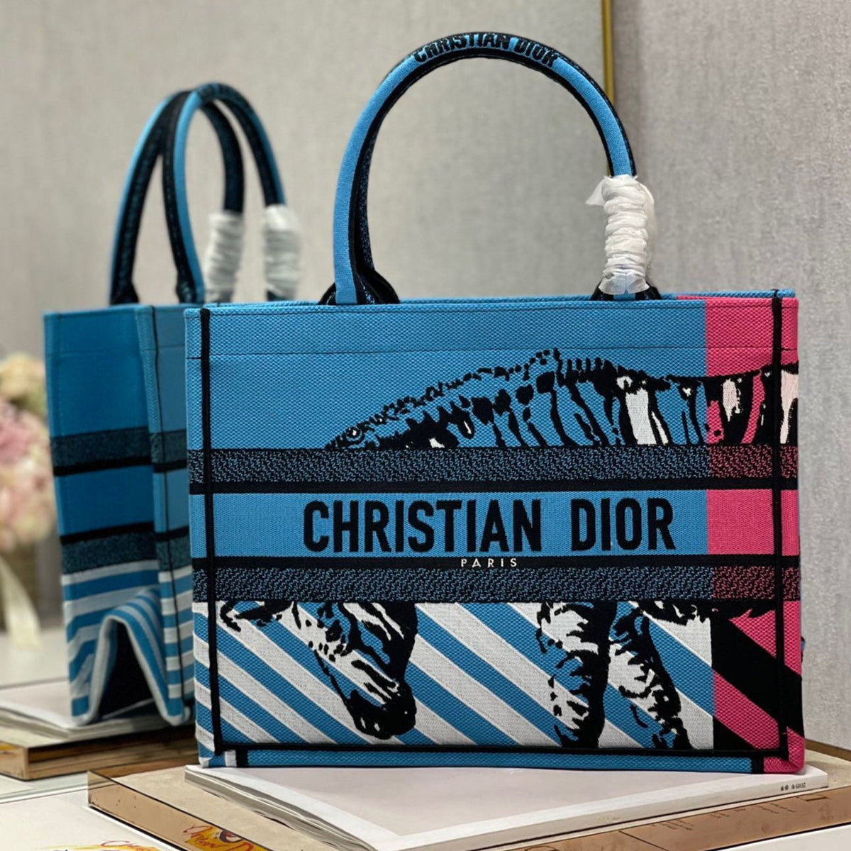 CD Zebra Book Tote  Bag Blue Canvas 336519