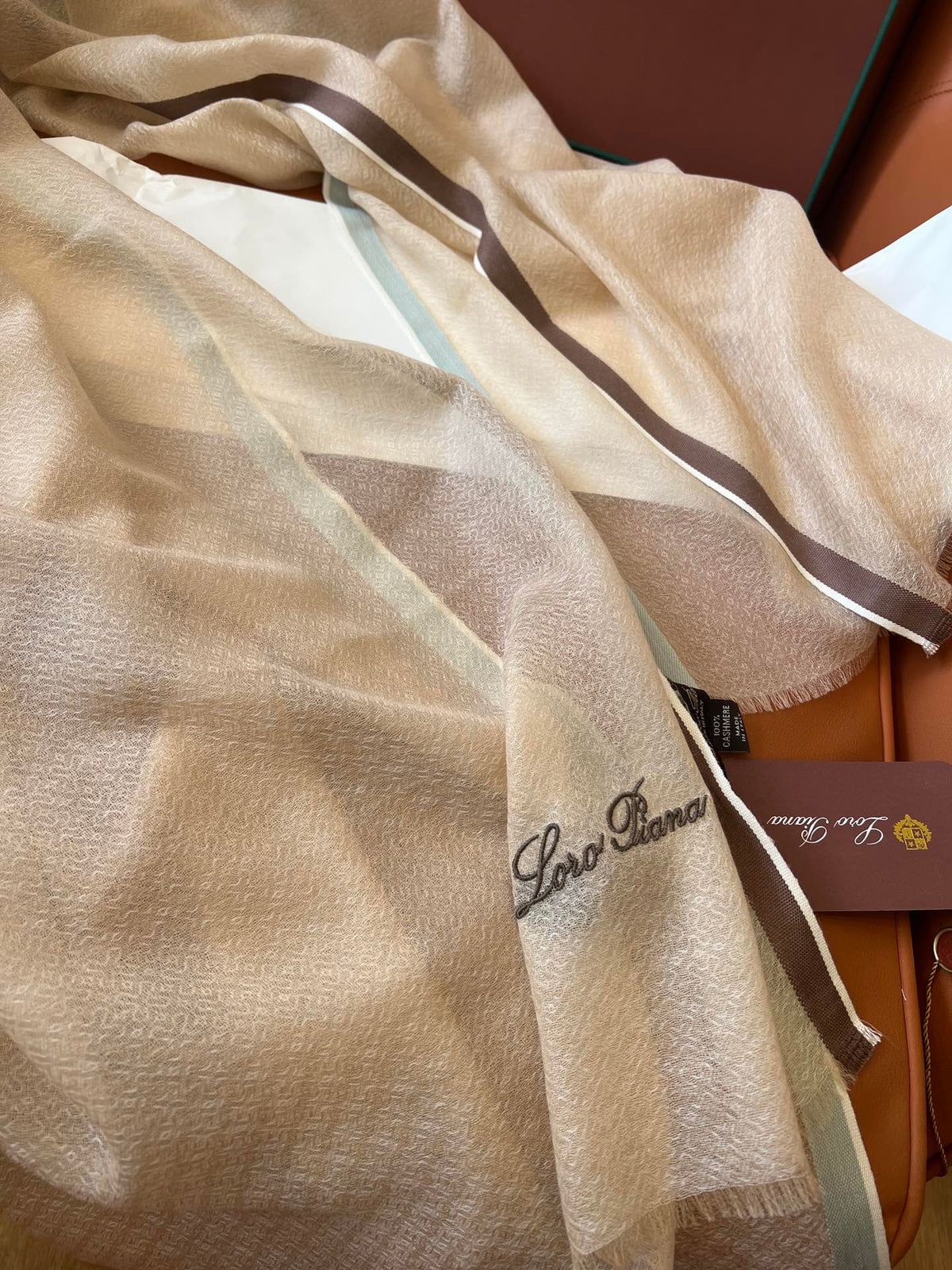 LP Quadrata Rainbow Scarf 210 CM In Camel Beige Thin Silk Woven With Wool 428594