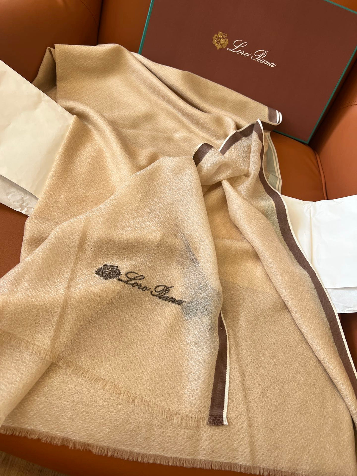LP Quadrata Rainbow Scarf 210 CM In Camel Beige Thin Silk Woven With Wool 428594