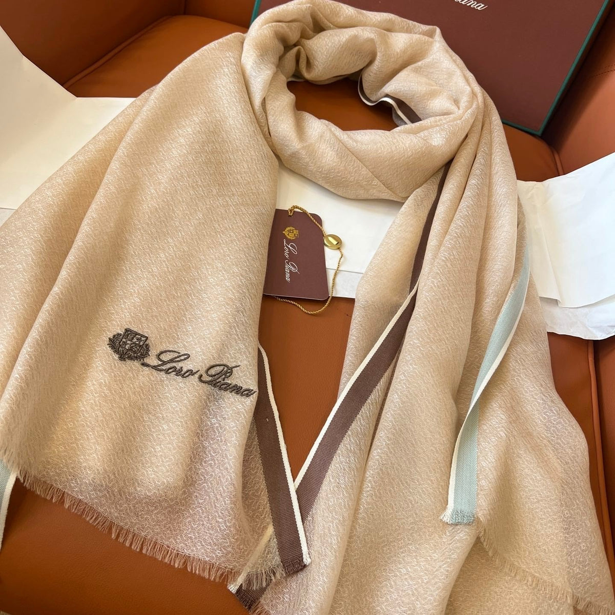 LP Quadrata Rainbow Scarf 210 CM In Camel Beige Thin Silk Woven With Wool 428594