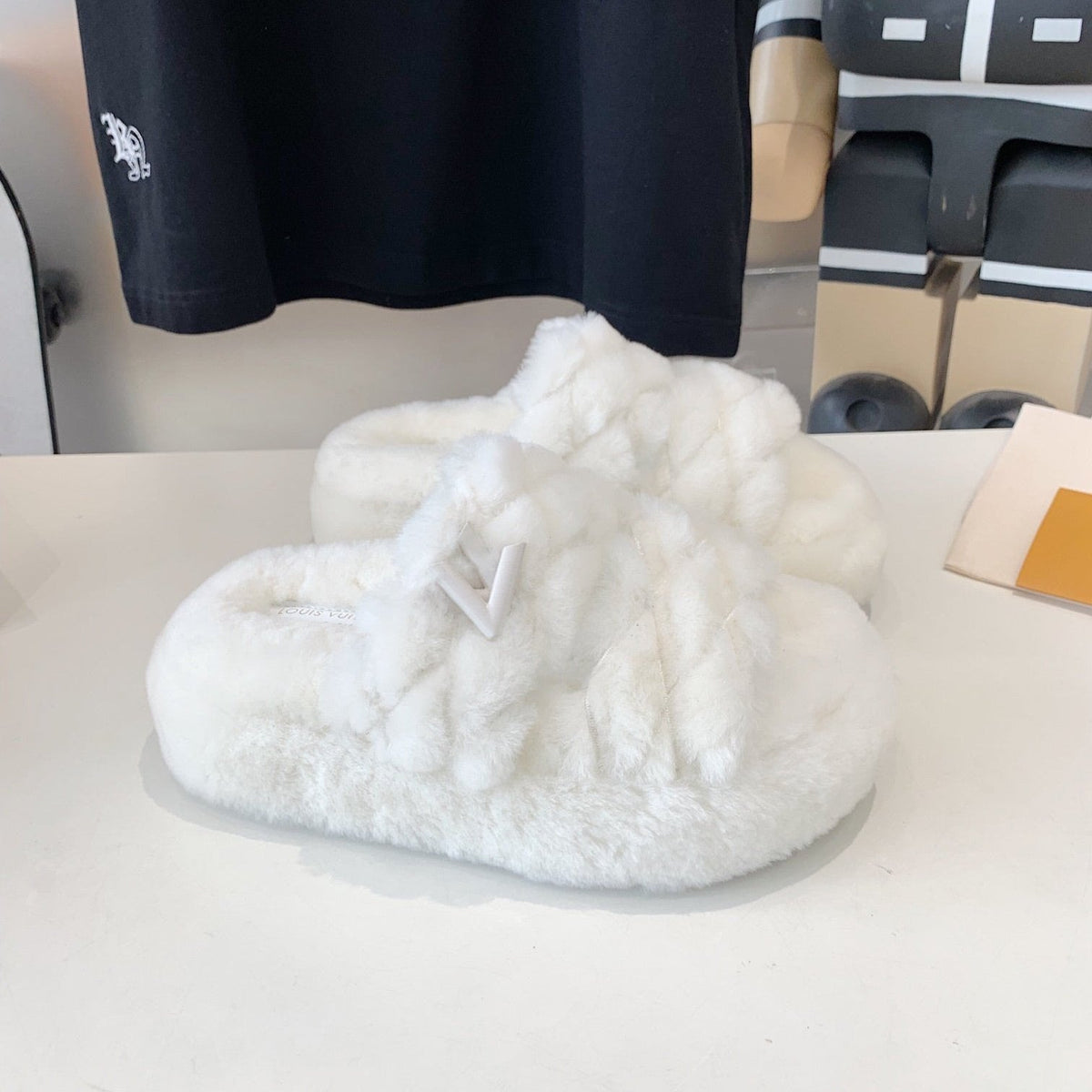 LV Sunset Platform Comfort Mule White Fleece