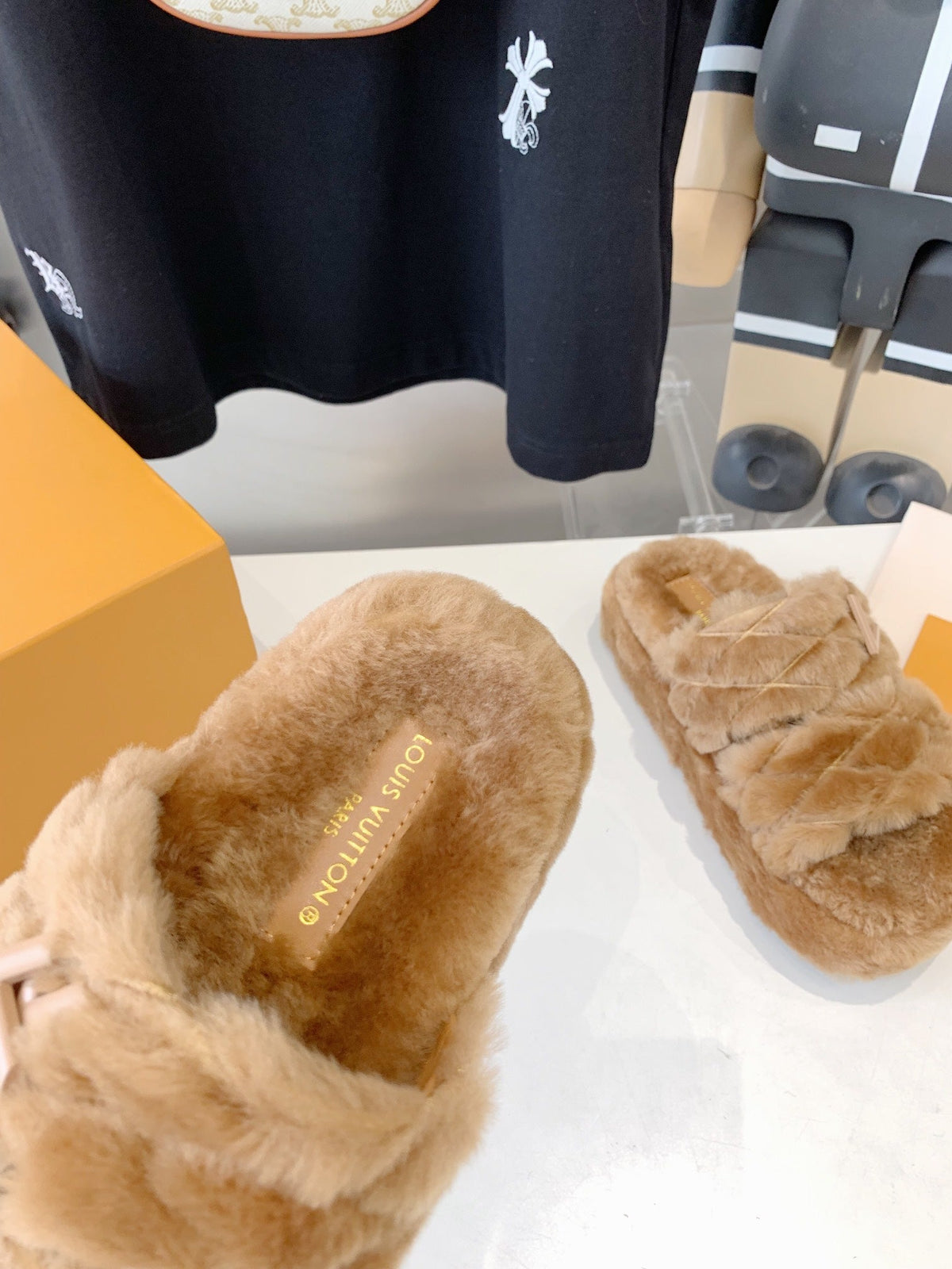 LV Sunset Platform Comfort Mule Beige Fleece