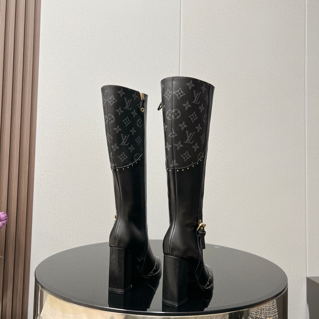 LV High Boots 90mm Black Grey Monogram Cowhide