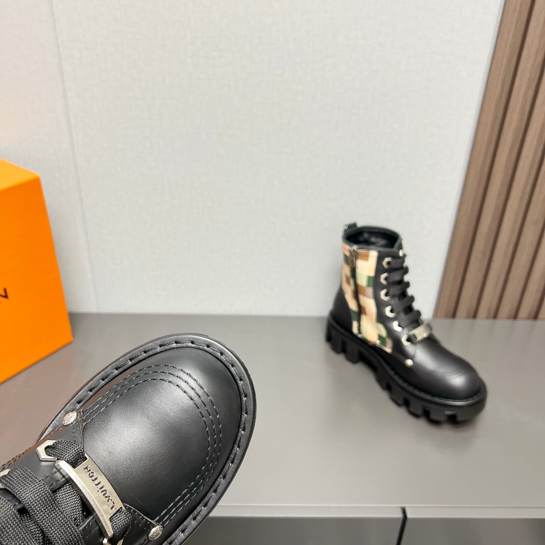 LV Checker Combat Boot 60mm Black Plaid Cowhide