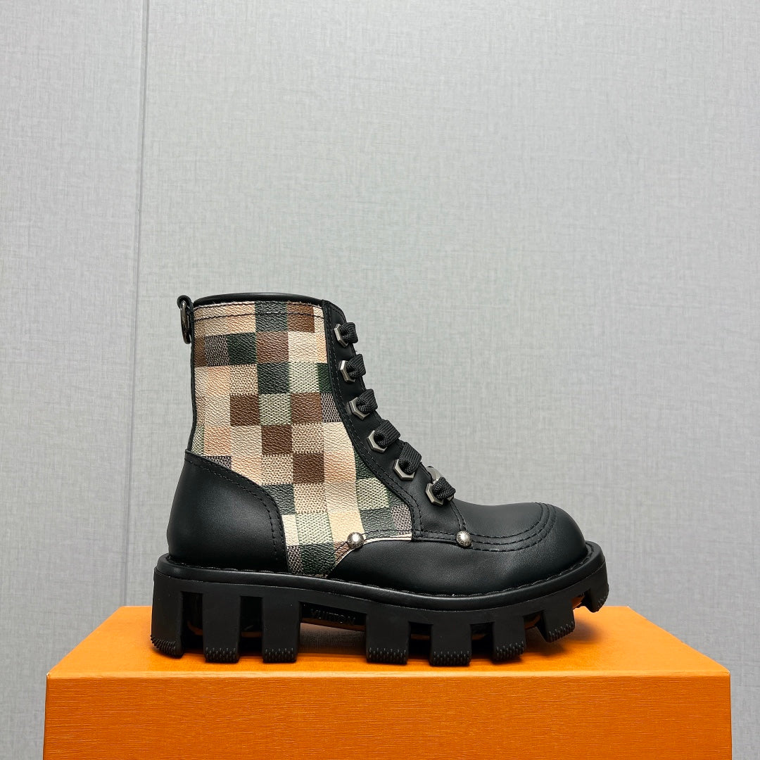 LV Checker Combat Boot 60mm Black Plaid Cowhide