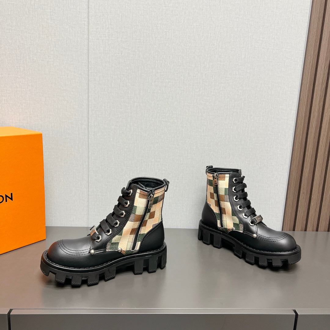 LV Checker Combat Boot 60mm Black Plaid Cowhide