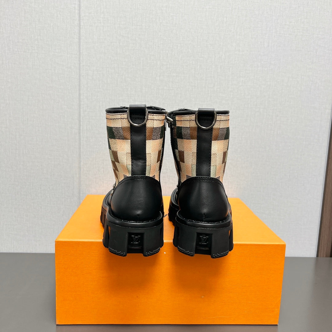 LV Checker Combat Boot 60mm Black Plaid Cowhide