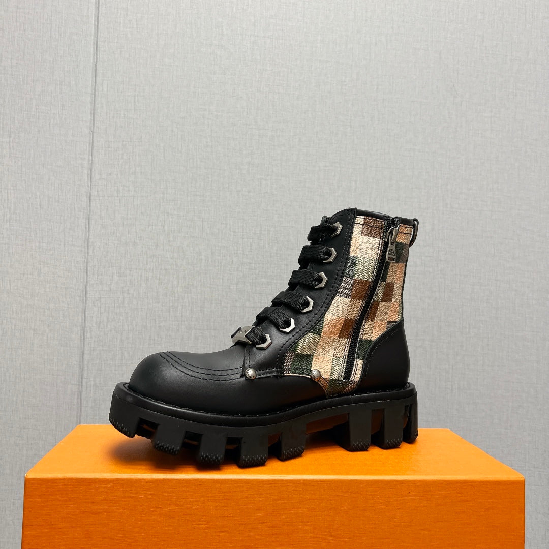 LV Checker Combat Boot 60mm Black Plaid Cowhide