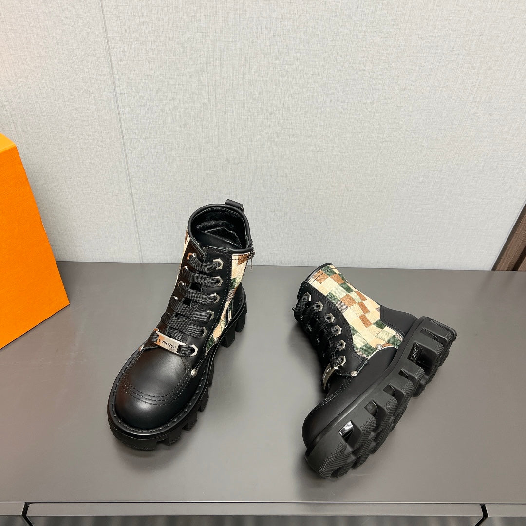 LV Checker Combat Boot 60mm Black Plaid Cowhide