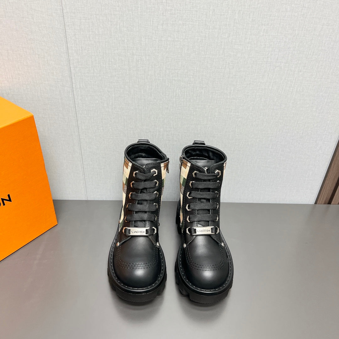 LV Checker Combat Boot 60mm Black Plaid Cowhide