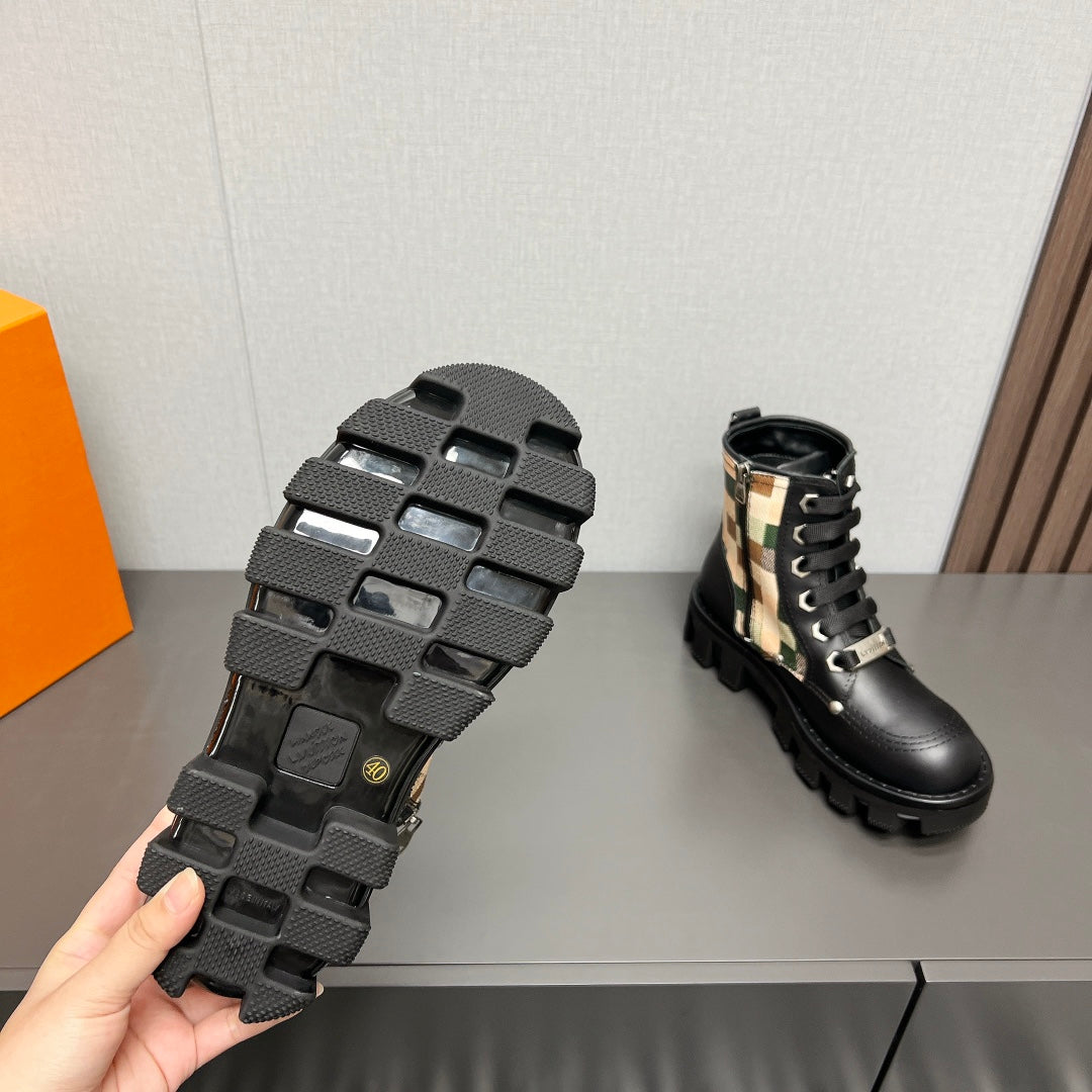 LV Checker Combat Boot 60mm Black Plaid Cowhide