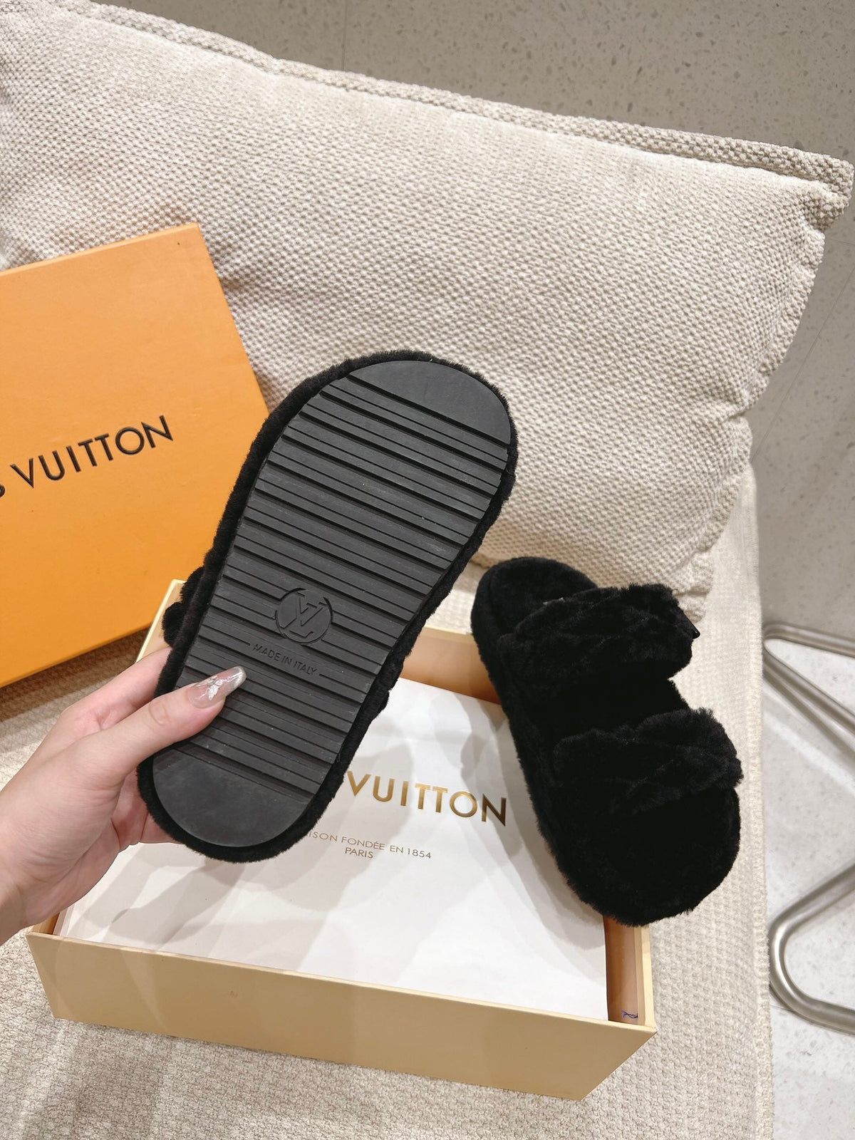 LV Sunset Platform Comfort Mule Black Wool