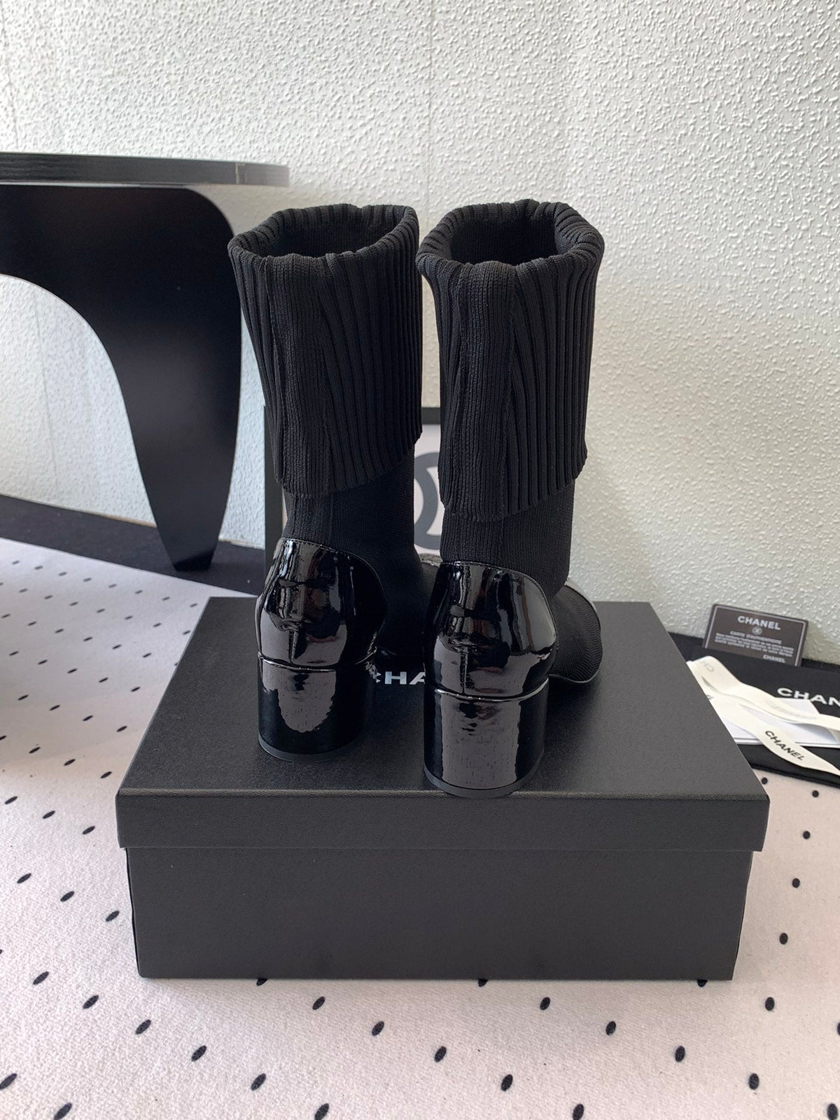 CC Short Boots 55mm Black Wool Mix Glossy Cowhide 938066