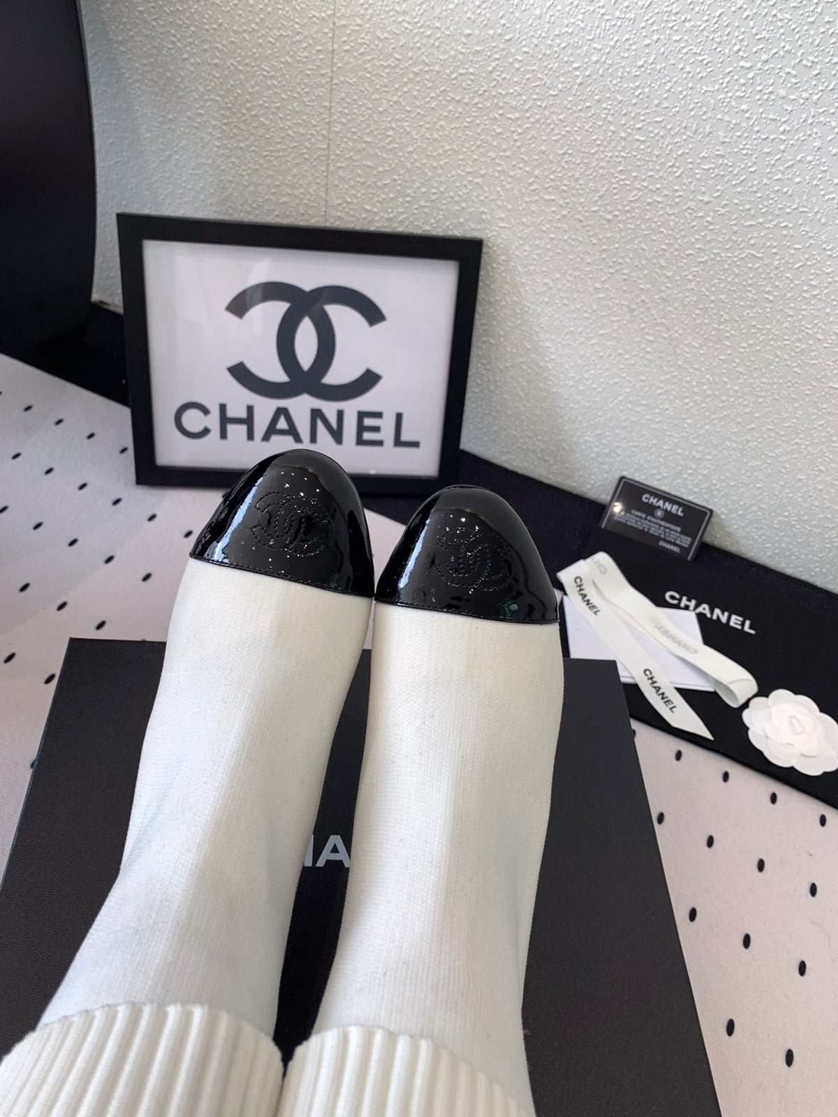 CC Short Boots 55mm White Black Wool Mix Glossy Cowhide 938067