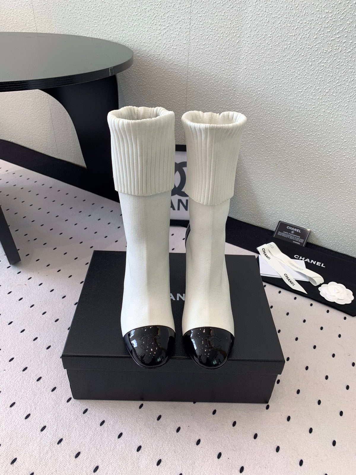 CC Short Boots 85mm White Black Wool Mix Glossy Cowhide 938069