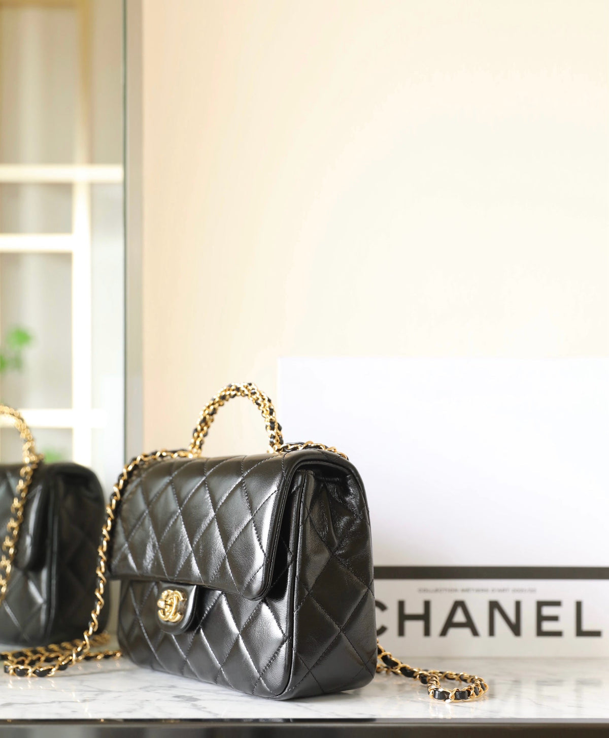 24B Small Flap Bag With Top Handle 25cm Black Lambskin