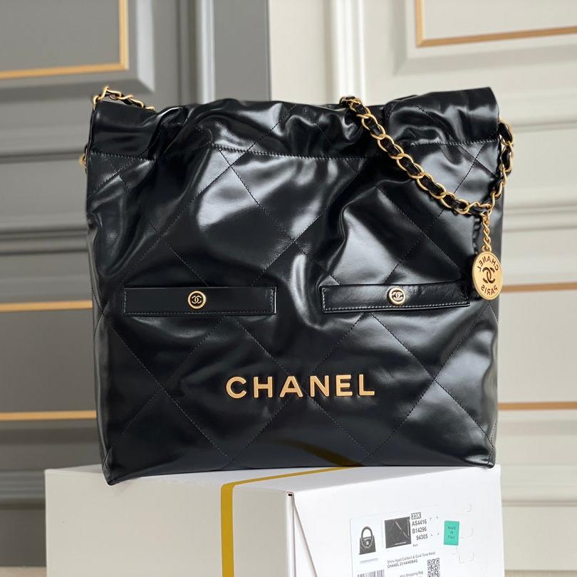 24B CC 22 Hobo Bag 35cm Black Lambskin Gold Hardware