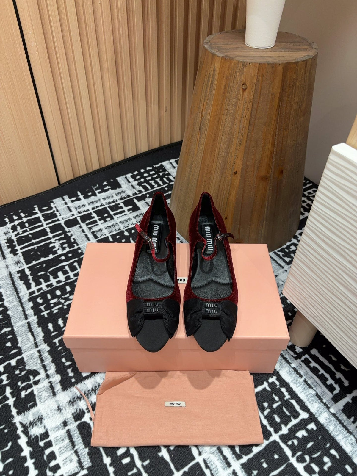 Miu Ballet Flat Wine Red And Black Velvet