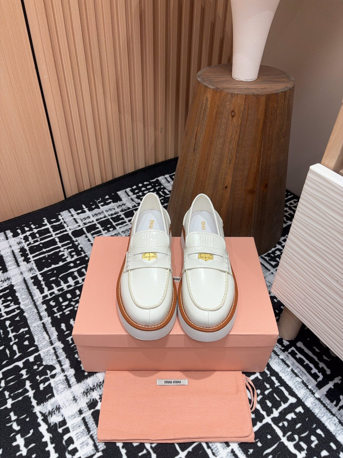 Miu Loafers Coin Shaped Thick Sole White With Brown Border Cowhide