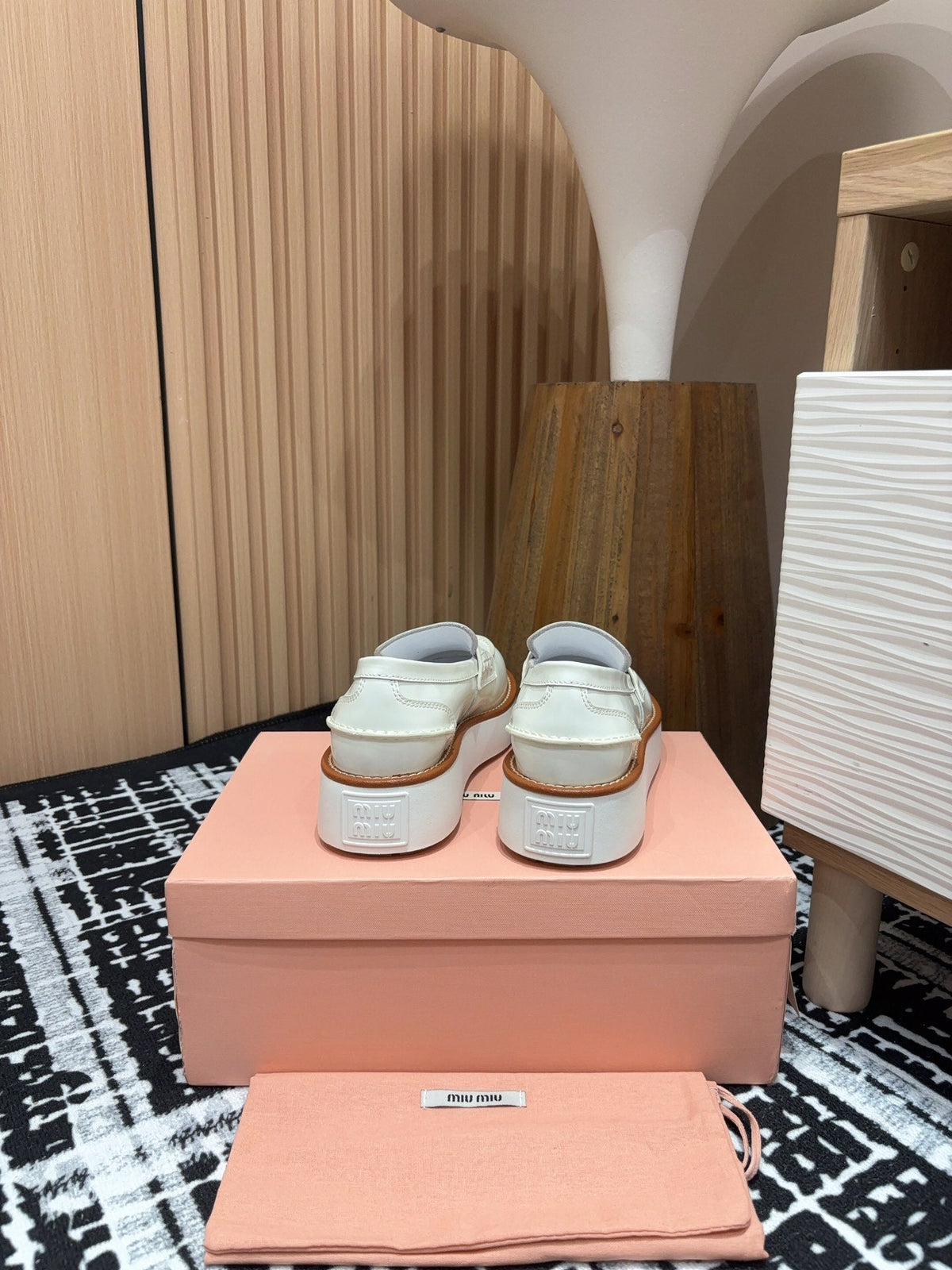 Miu Loafers Coin Shaped Thick Sole White With Brown Border Cowhide