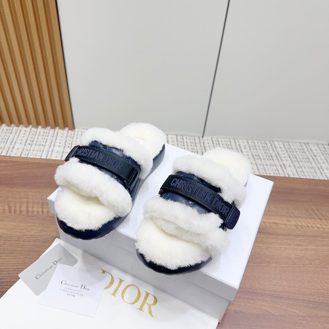 CD Dioriviera Dio(r)evolution Slide Deep Blue White Quilted Fleece Lining And Lambskin