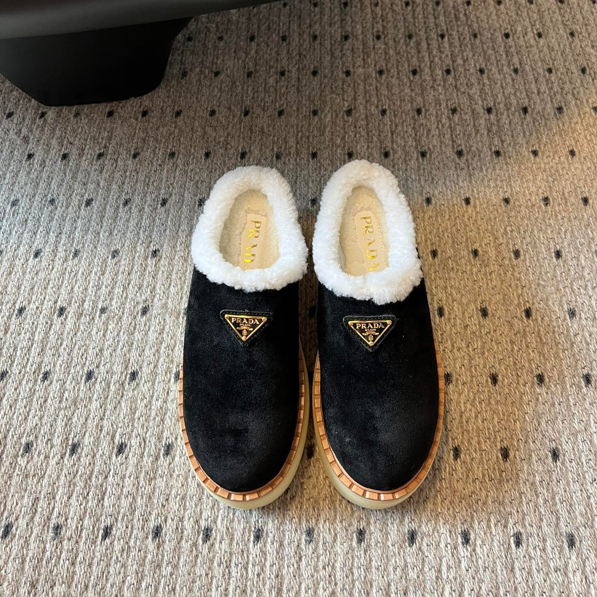 Prada 25s Furry Half-Cover Slippers Black Suede And Wool 538430