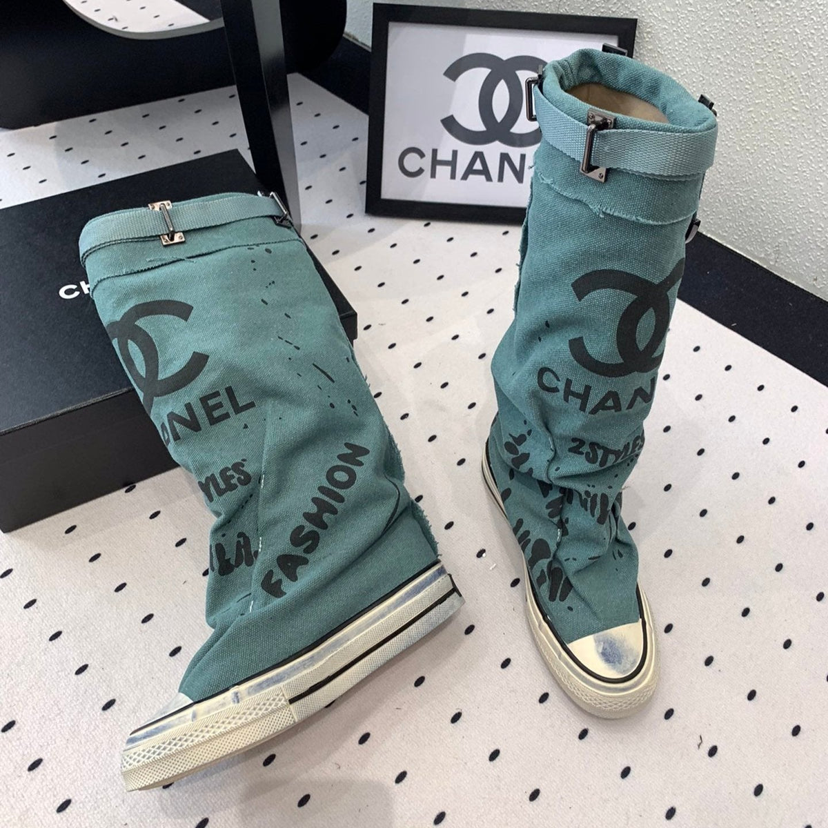 CC High-Top Canvas Boots Turquoise Black Denim Fabric 938047