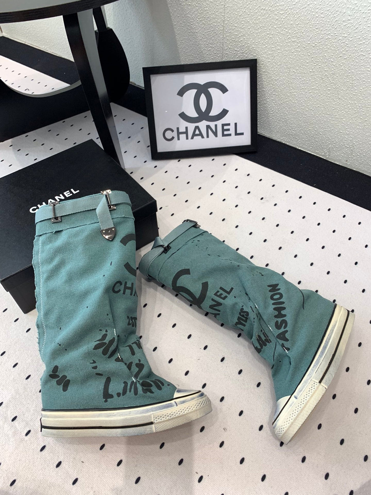 CC High-Top Canvas Boots Turquoise Black Denim Fabric 938047