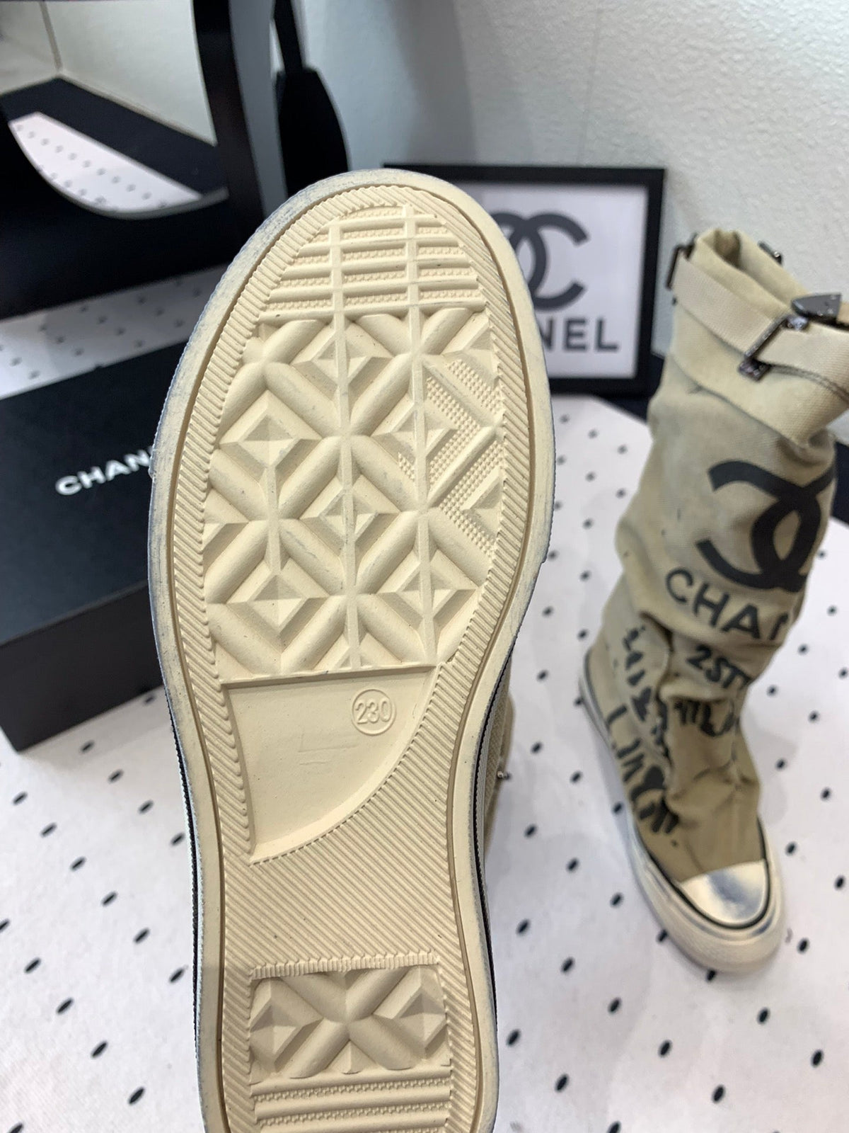 CC High-Top Canvas Boots Beige Black Denim Fabric  938050