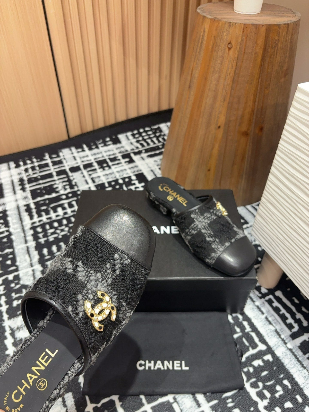 CC Mule 30mm In Black Wool Tweed And Lambskin Gold Hardware