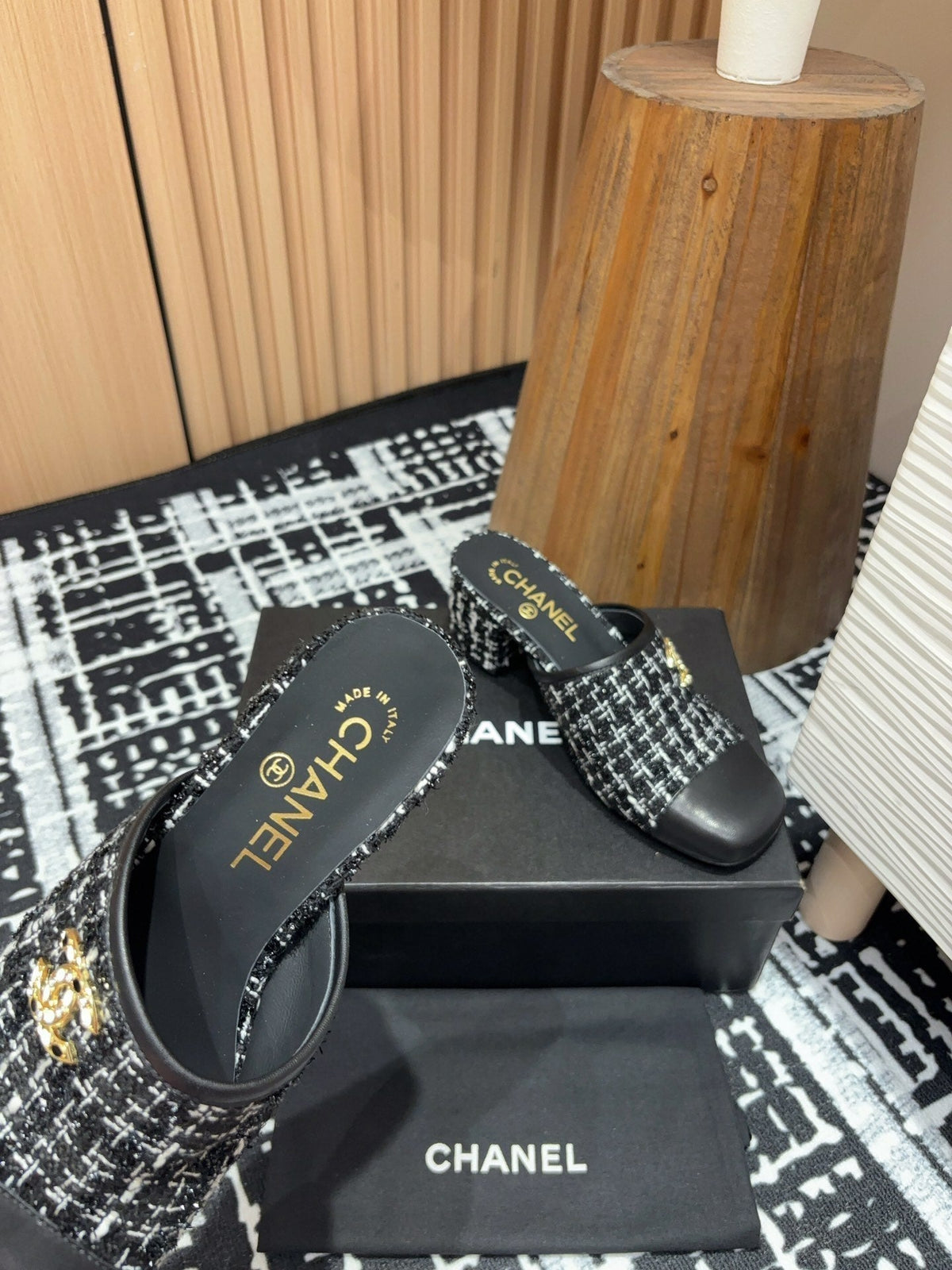 CC Mule 60mm In Black Mix White Wool Tweed And Lambskin