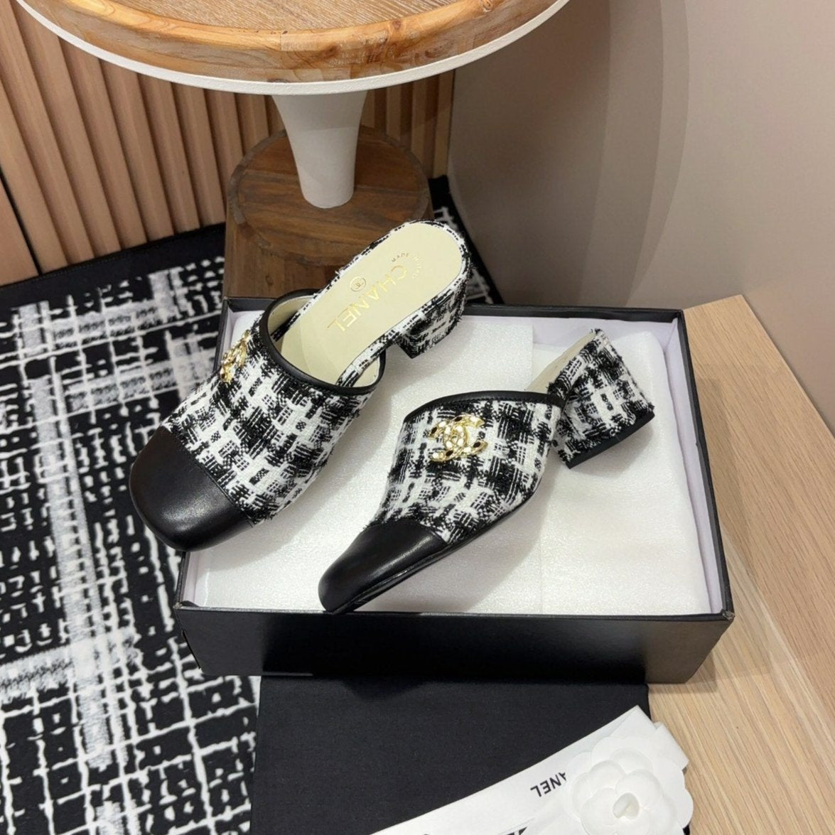 CC Mule 60mm In White Mix Black Wool Tweed And Lambskin