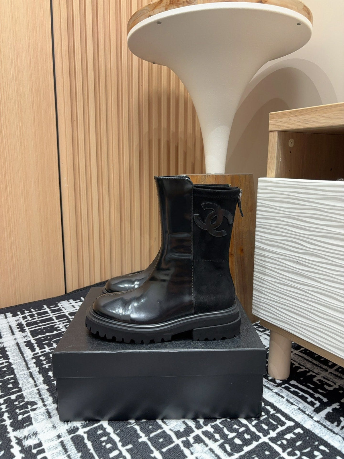 CC Short Boots 45mm Glossy Black Calfskin And Suede