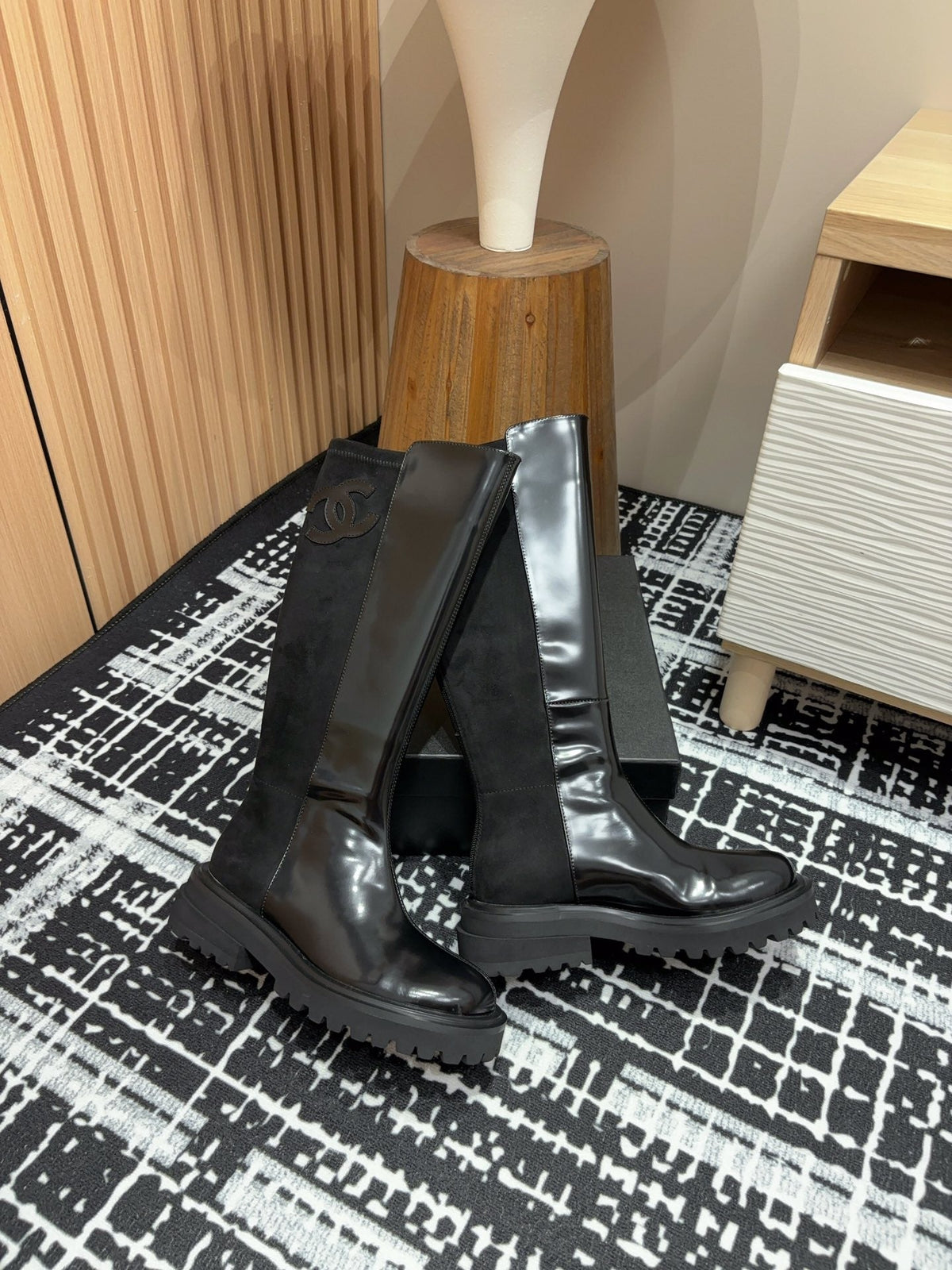 CC High Boots 45mm Glossy Black Calfskin And Suede