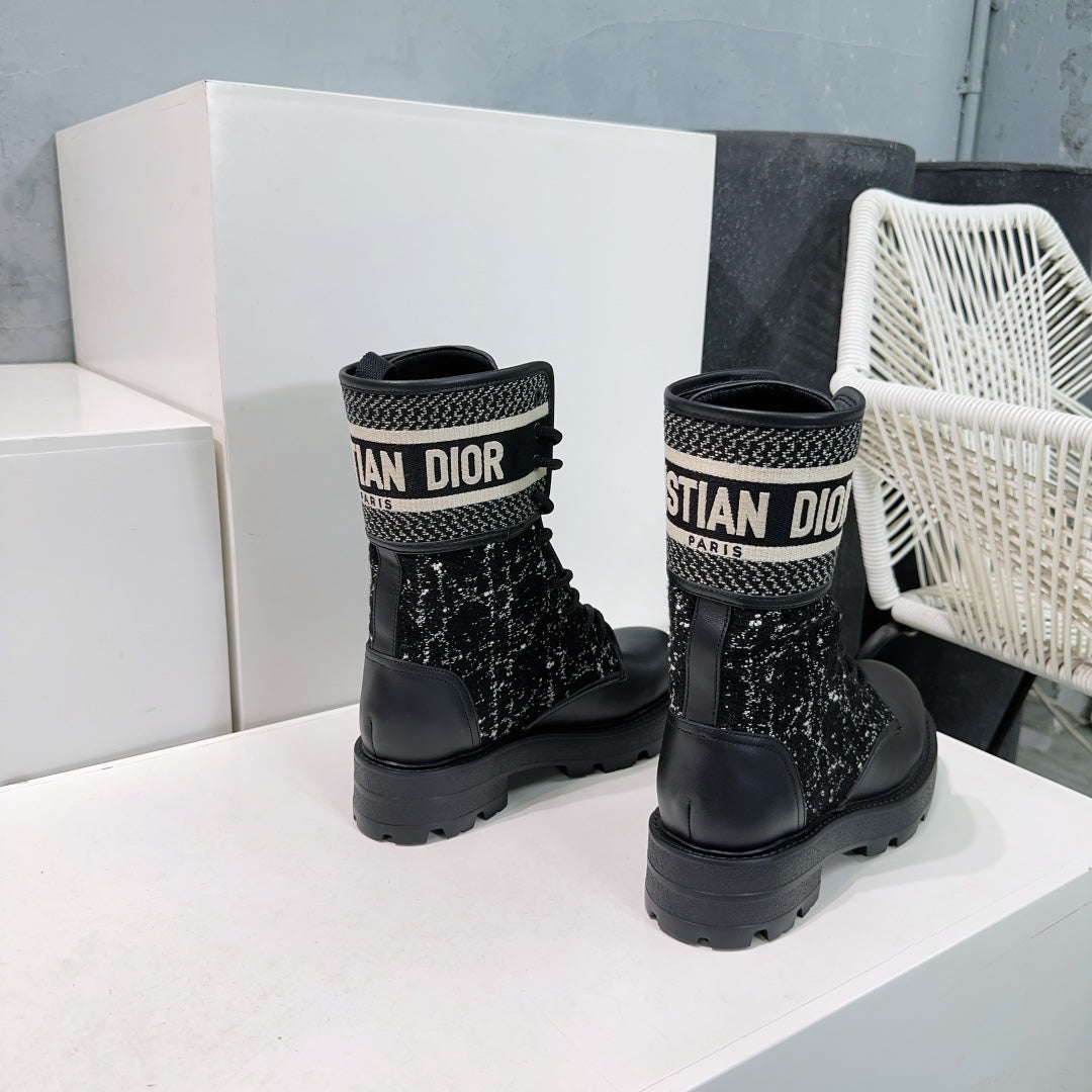 CD Major Ankle Boots Black White Calfskin And Fabric Canvas