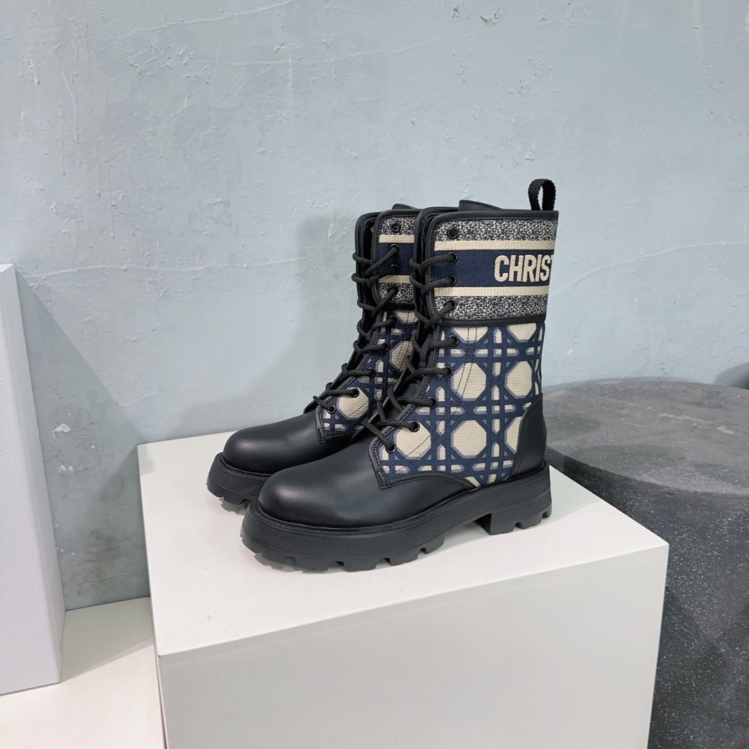 CD Major Ankle Boots Black Navy Blue Calfskin And Fabric Canvas