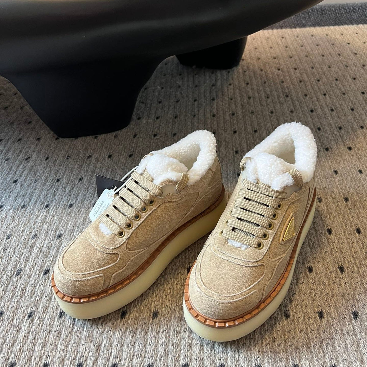 Prada 25s Mid-Top Sneaker Beige Suede And Wool 538436