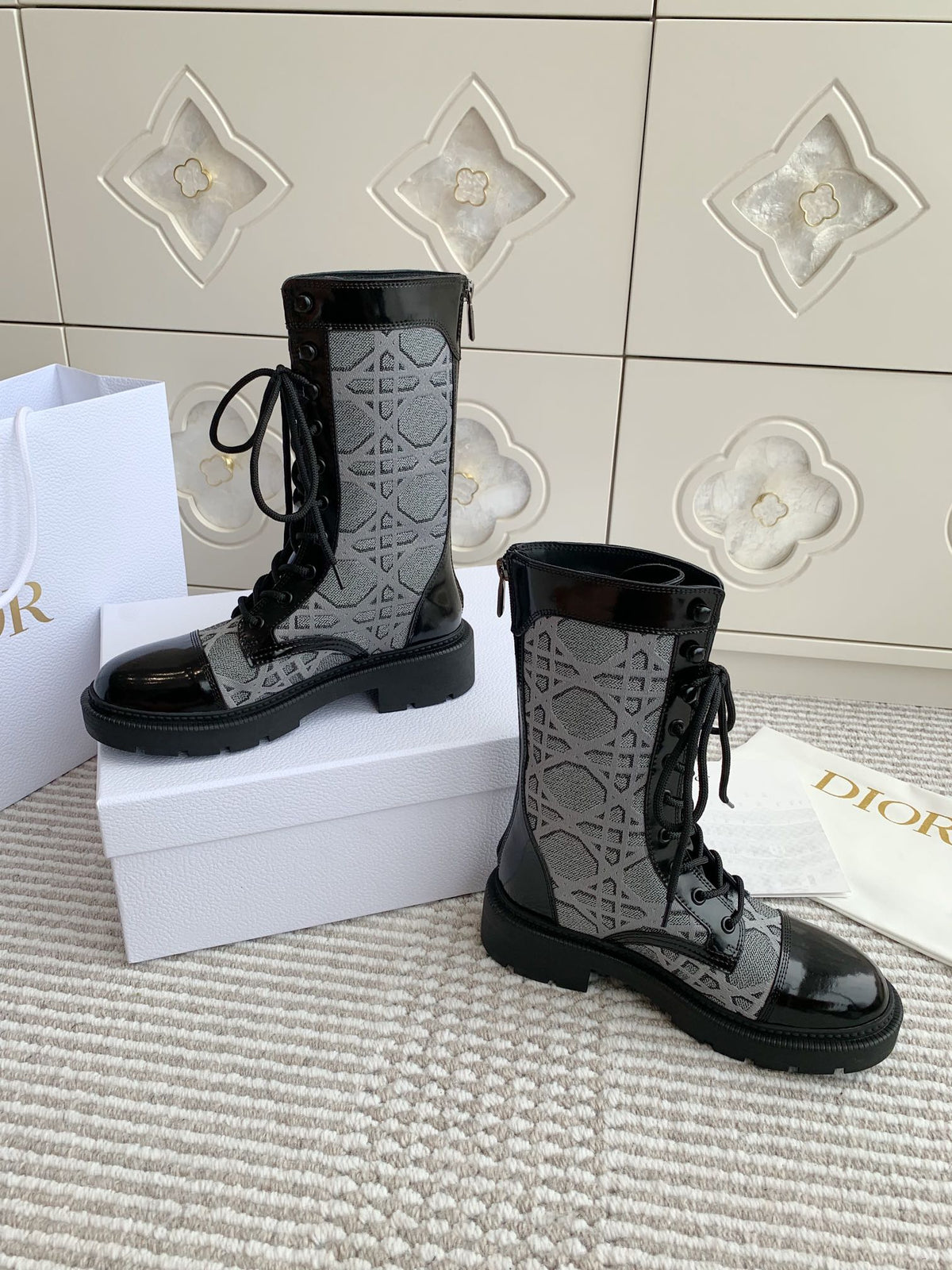 CD D-Unit Ankle Boot In Grey Mix Black Denim Fabric And Glossy Cowhide 105084