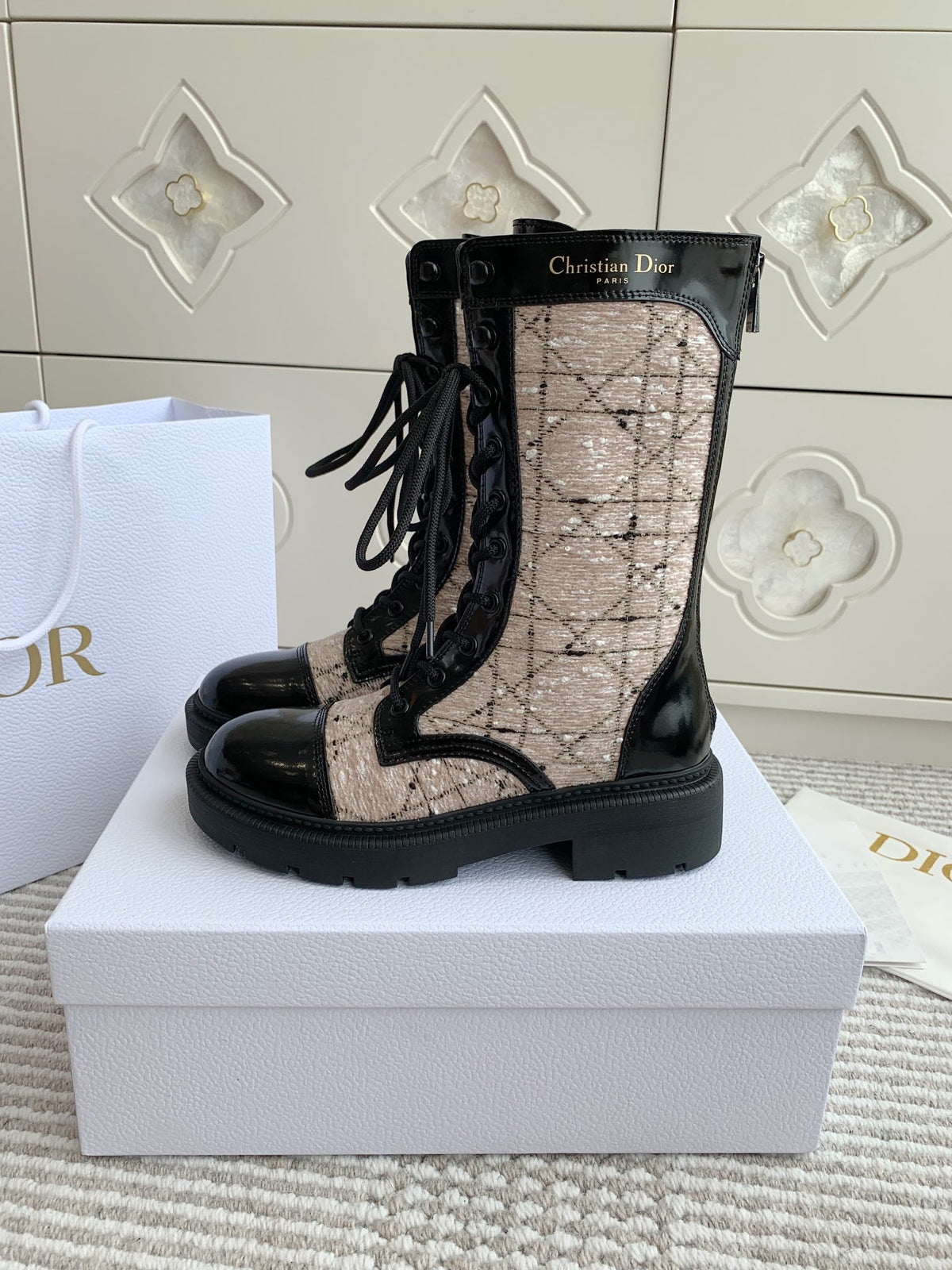 CD D-Unit Ankle Boot In Beige Mix Black Tweed Fabric And Glossy Cowhide 105088