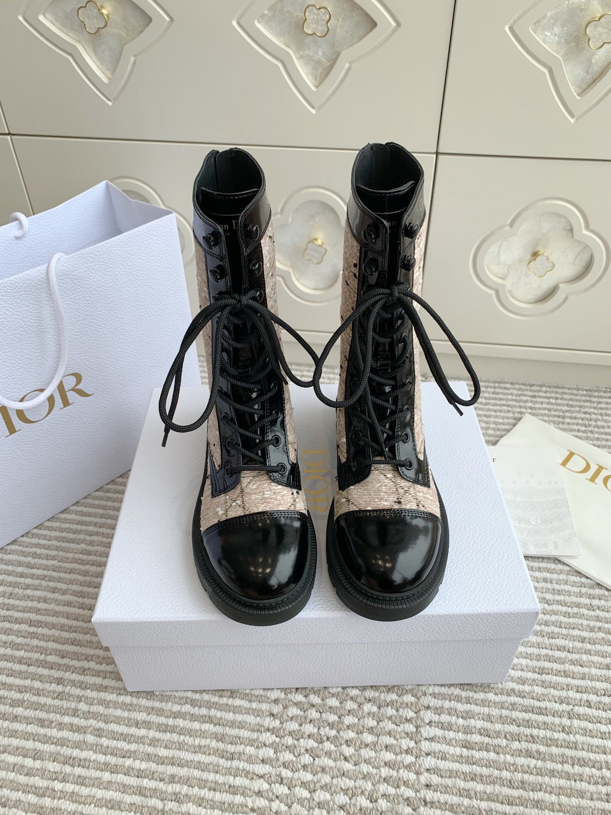 CD D-Unit Ankle Boot In Beige Mix Black Tweed Fabric And Glossy Cowhide 105088