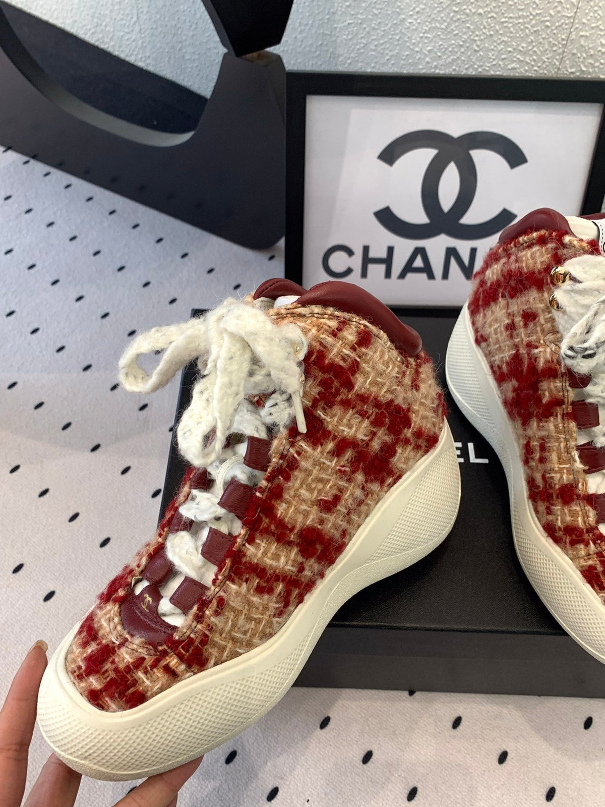 CC Sneaker Boots In Red Mix Beige Tweed Fabric 147111
