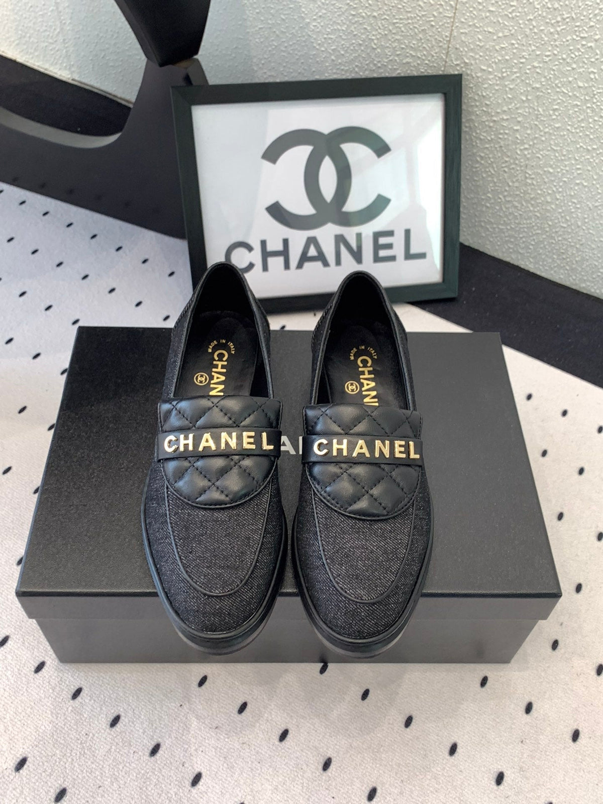 CC Moccasins In Black Denim Fabric 147020